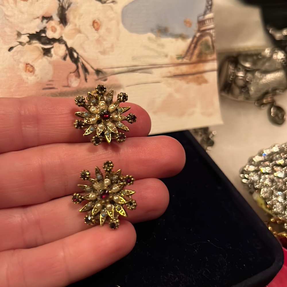 Vintage Czech Glass and Faux Pearl Clip Earrings
